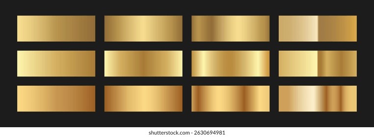Elegant classic gold gradient swatches collection. Metallic textures with polished foil shine and satin smooth. Glossy palette for premium and luxury designs and branding