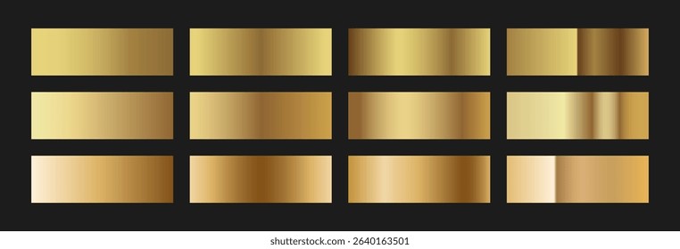 Elegant classic gold gradient swatches collection. Metallic textures with polished foil shine and satin smooth. Glossy palette for premium and luxury designs and branding
