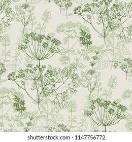 Elegant classic herbal seamless pattern for background, wrapping paper, fabric, surface design. French grass for cooking in repeatable motif.