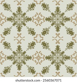 Elegant Classic Olive Gold Embroidery Scroll Ornament Seamless Pattern. Detailed Exquisitely Elaborate Brocade Border Vector Design for Interior Fabrics Wallpaper Haute Couture Apparel Men's Attire.