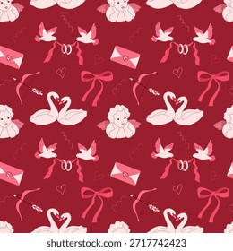 Elegante clássico Valentine's padrão com pombas, cisnes, anjo, carta de amor, arco e seta no fundo vermelho escuro. Projeto vetorial plano detalhado para projetos românticos sofisticados.
