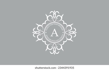 Elegant, classic vector logo with letter A in the center and space for text. Can be used for jewelry, beauty and fashion industries. Suitable for monogram, invitation, card, menu, background.