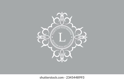 Elegant, classic vector logo with letter L in the center and space for text. Can be used for jewelry, beauty and fashion industries. Suitable for monogram, invitation, card, menu, background.