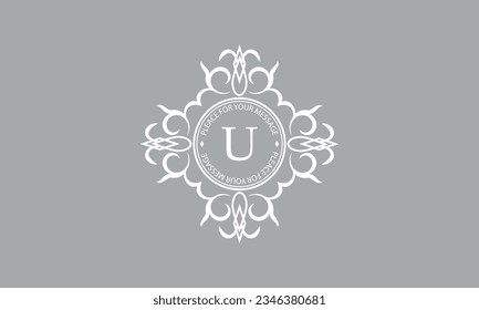 Elegant, classic vector logo with letter U in the center and space for text. Can be used for jewelry, beauty and fashion industries. Suitable for monogram, invitation, card, menu, background.