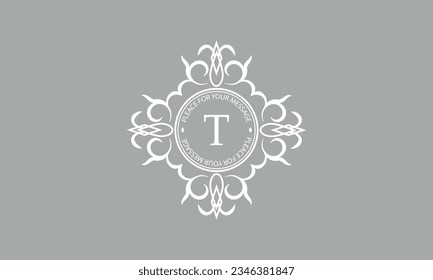 Elegantes, klassisches Vektorlogo mit dem Buchstaben T in der Mitte und dem Platz für Text. Kann für Schmuck-, Schönheits- und Modebranchen verwendet werden. Geeignet für Monogramm, Einladung, Karte, Menü, Hintergrund.