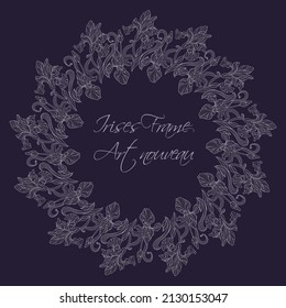 Elegant classic vintage round frame. Graceful gray irises on a dark background. Art Nouveau. For business cards, weddings, flyers, postcards, design elements.