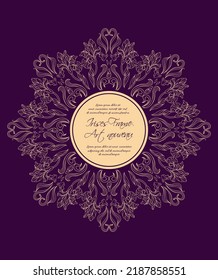 Elegant classic vintage round frame. Golden irises on a dark purple background. Retro, baroque. For business cards, weddings, invitations, postcards, logo, design elements