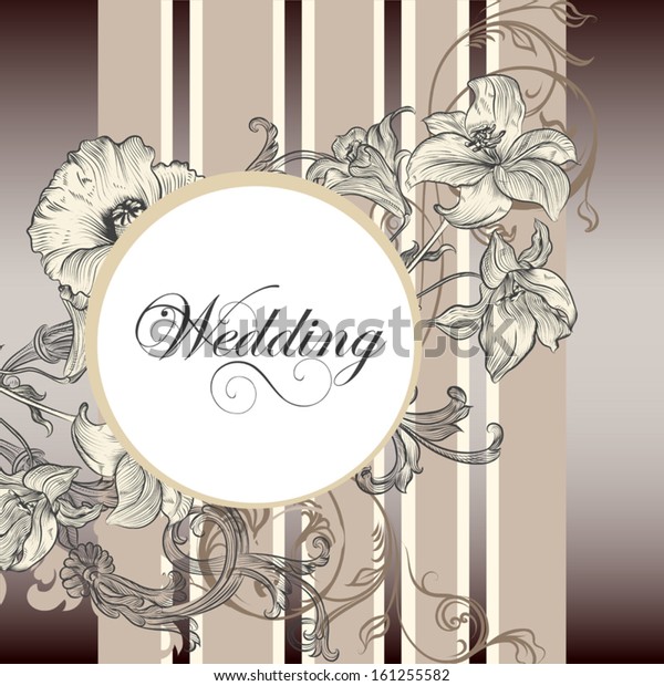 Elegant classic wedding invitation with lily.\
Retro vector