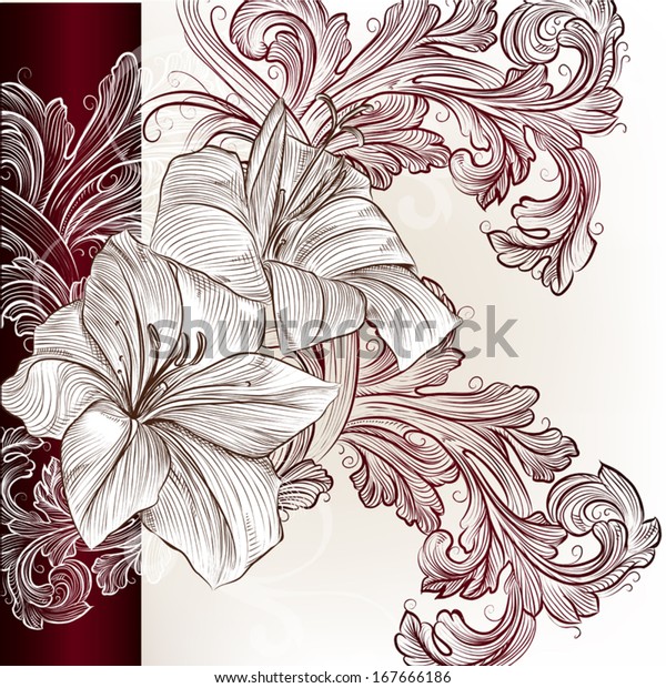 Elegant classic wedding invitation with lily.\
Retro vector