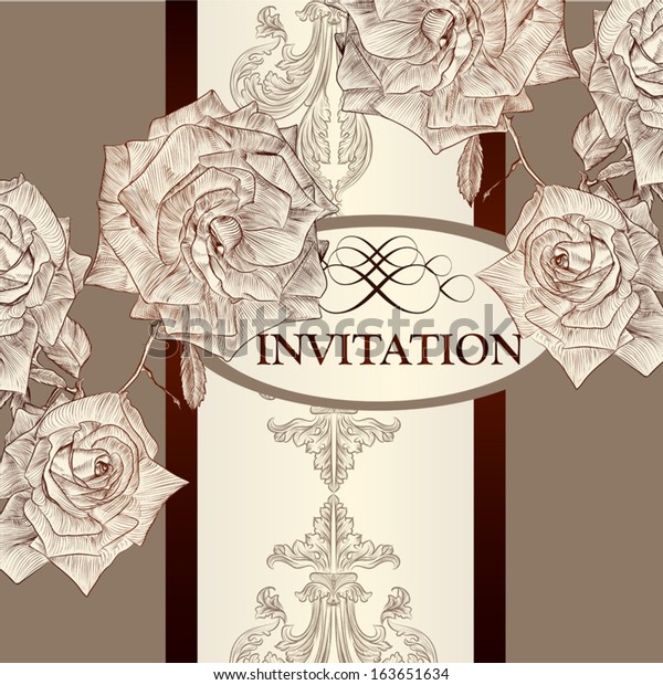 Elegant classic wedding invitation with roses.\
Retro vector