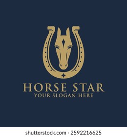 Elegant Classic White Horse Head with Horse Shoe Logo, Horse Logo, Horse shoe Logo.