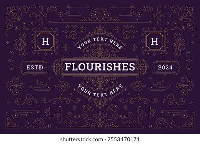 Elegante clásico florece Ilustración vectorial de elementos de diseño de adorno de rollo dorado. Logotipo de divisor de frontera de decoración de texto de viñeta de filigrana victoriana de lujo de remolino de motivo floral para tarjeta de boda