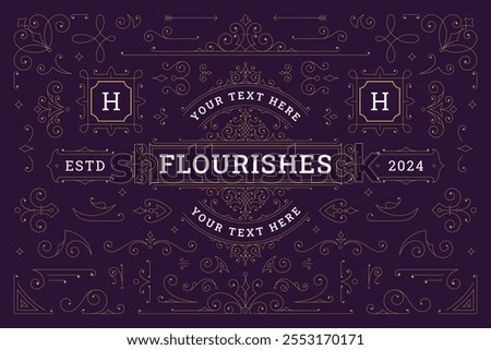 Elegant classical flourishes golden scroll ornament design element set vector illustration. Floral motif swirl luxury Victorian filigree vignette text decoration border divider logo for wedding card