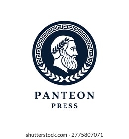 Elegant classical logo showing a bearded profile with laurel wreath and Greek key border. Designed for publishing, editorial brands, book presses, academia and heritage focused.