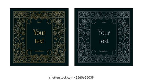 Elegant Classical Rich Frame with Floral Borders. Luxury Page Design Template. Vintage Decorations for Book Covers and Pages. Rose Gold Gradient on Dark Background. Flat Vector Illustration.