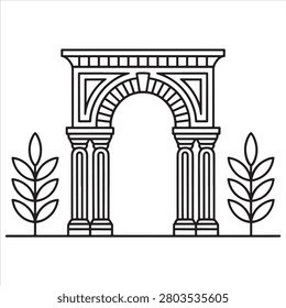 Elegant classical triumphal arch with symmetrical columns and foliage