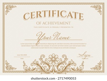 Elegante certificado con clase con texto elegante y decorativo floral, Plantilla de diseño editable
