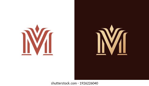 elegant and classy letter M monogram with law pillars element, luxury letter M logo template