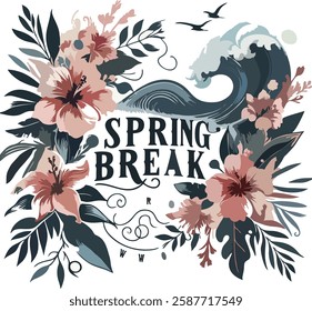 An elegant and classy Spring Break logo with a floral design, ocean waves, and handwritten-style typography