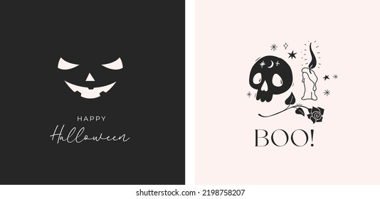 Elegant, clean black and pink Halloween cards, banner, social media post and print. 