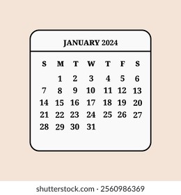 An elegant and clean depiction of the January 2024 calendar with a minimalist design. The concept of time, planning, and schedules. Perfect for productivity, events, or as a neutral background.