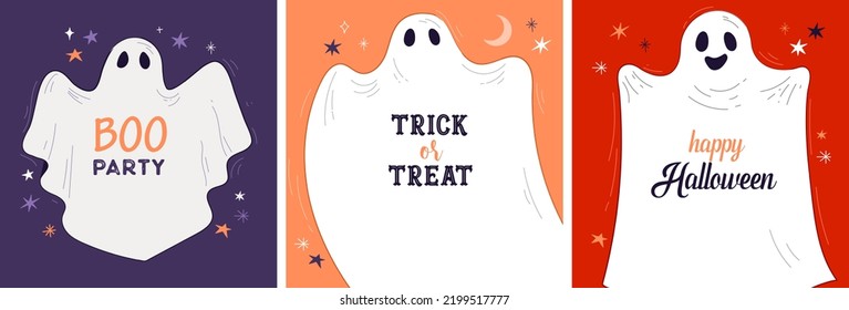 Elegant, clean Halloween cards with cute hand drawn ghosts, banner, social media post and print. 