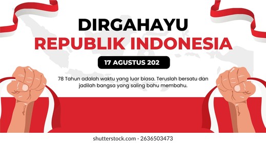 An elegant and clean Indonesian Independence Day greeting design with illustration elements of young people carrying the red and white flag , perfect for social media posts or greeting cards.