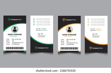 Elegant clean modern business id card template design. Abstract creative corporate green and orange id card template. Simple cool employee professional company id card design. Unique office id card.