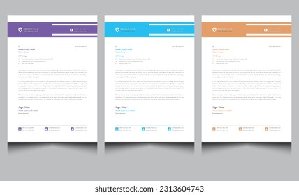 Elegant clean modern corporate business style letterhead design template. Simple company minimal professional office letterhead template design with purple blue orange color variation.