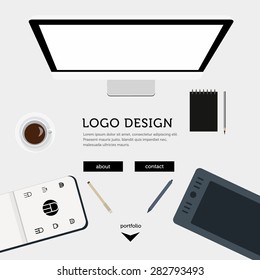 Elegant, clean workspace, office objects for business. Coffee cup. Computer. Sketchbook with logotype. Pen. Graphic tablet. For web interface. Vector illustration