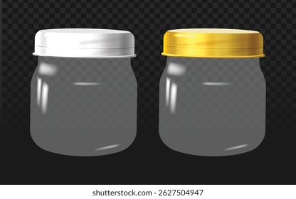 Elegantes frascos de vidro transparente com tampas brancas e douradas, perfeito para maquetes de produtos cosméticos, cuidados com a pele ou despensa. Ideal para marcas limpas, visuais de boticário ou conceitos de embalagem de luxo.
