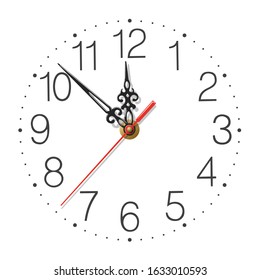 Elegant clock face with figured hands and red second hand isolated on white