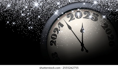 Elegant clock striking midnight for 2025 with glittering sparkles and festive atmosphere. Vector illustration.