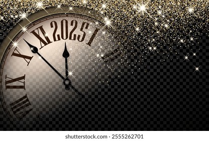 Elegant close-up of a clock showing 2025, surrounded by golden glitter and sparkling stars. A festive and timeless design for New Year's celebrations.