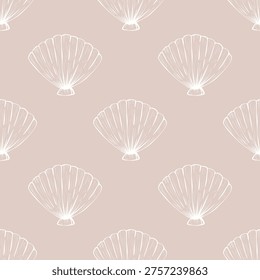 Elegant coastal seamless pattern with seashells and starfish in a nautical ocean theme. Minimal marine elements arranged in a repeat tile ideal for fabric design, wallpaper, home decor, stationery and beach themed packaging.