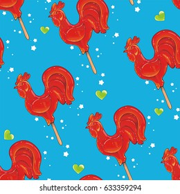 Elegant cockerel candy seamless pattern. Beautiful vector lollipops background. Sweet illustration for textile design. Decoration elements rooster, caramel on a stick. Christmas and new year 2029