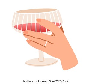 Elegant cocktail glass in a hand. Festive drink. Flat vector illustration.