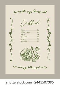 Elegant cocktail menu template. Matisse style food and beverage illustrations.