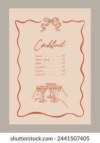 Elegant cocktail menu template. Matisse style food and beverage illustrations.