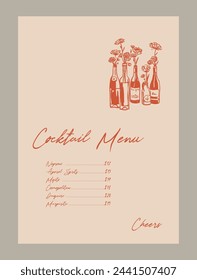 Elegant cocktail menu template. Matisse style food and beverage illustrations.