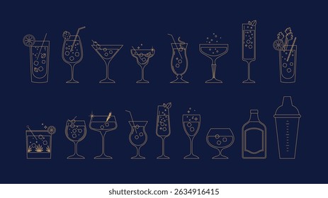 Elegant cocktail party icon set in luxury linear style, featuring martini, wine, champagne, shaker and bar drinks. Dark blue and gold line art vector illustration for bar menu and wedding invitations 