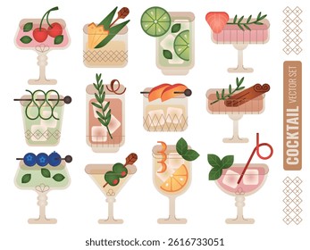 Elegant cocktail vector set: cute stylized drinks with citrus, berries, herbs, and garnish; soft gradients and bold shapes in charming glassware.
