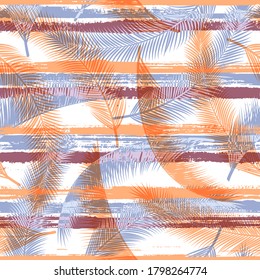 Elegant coconut palm leaves tree branches overlapping stripes vector seamless pattern. Brazilian forest foliage clothing fabric print. Tropical leaves and stripes seamless.