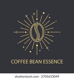 Logotipo elegante del grano de café con las líneas radiantes en un fondo oscuro