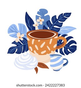 Elegant Coffee and Cream Illustration with Blue Tropical Foliage for Cafe Branding and Menu Design. Pastel Blue and Beige. Vector flat design Illustration