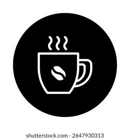 Elegant coffee cup icon with steam and coffee bean design on black background isolated