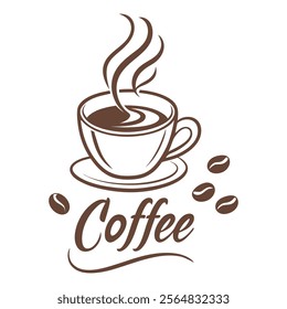 Elegant coffee cup logo design with steaming hot coffee and beans, perfect for cafes and coffee brands,Minimalist coffee illustration for branding, advertising, and restaurant menu designs