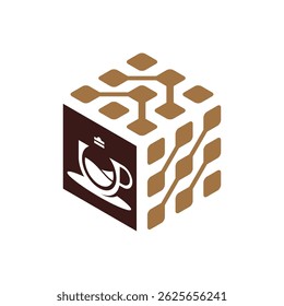 Elegant Coffee Cup Tech Cube Vector Logo
