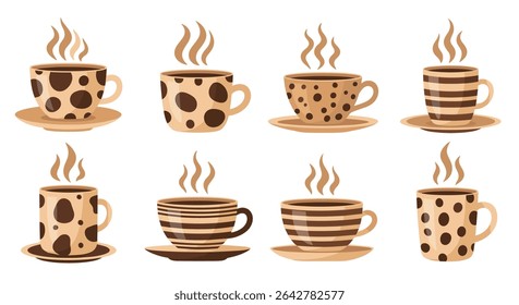 Elegant Coffee Cups on Saucers with Steam Rising Delightful Morning Beverages Selection