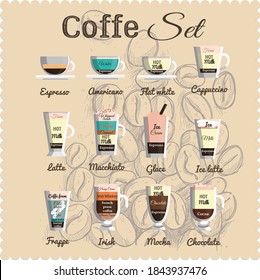 Elegant coffee set. Different types of coffee drinks.